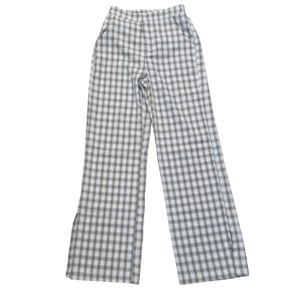 Princess Polly Plaid Wide Leg Pants Sage Green White High Waisted Side Slit Sz 2